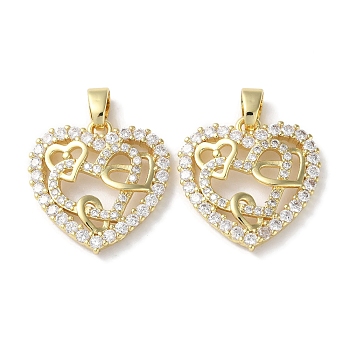 Rack Plating Brass Micro Pave Cubic Zirconia Pendants, Long-Lasting Plated, Lead Free & Cadmium Free, Heart, Real 18K Gold Plated, 21.5x21x3mm, Hole: 5.5x3mm
