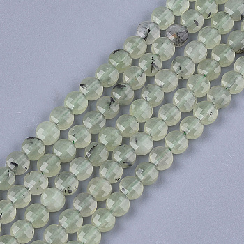 Natural Prehnite Beads Strands, Faceted, Flat Round, 6~6.5x3.5mm, Hole: 0.8mm, about 59~60pcs/strand, 14.9 inch~15.1 inch