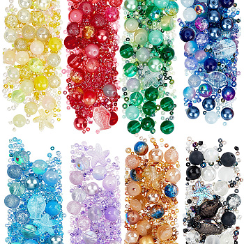 8 Color Glass Beads, Round & Starfish & Fish & Rondelle, Mixed Style, Mixed Color, 2~14x2~10x1~8.5mm, Hole: 0.8~1.5mm