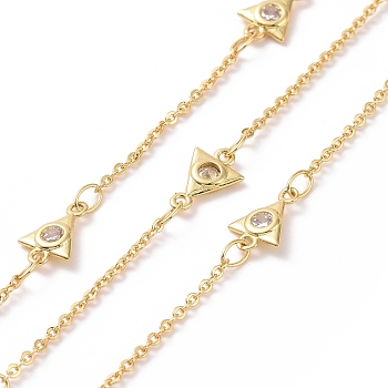 Clear Cubic Zirconia Triangle Link Chains, with Brass Cable Chains, Unwelded, Cadmium Free & Nickel Free & Lead Free, Real 18K Gold Plated, 9.5x6x1.5mm, about 3.28 Feet(1m)/Box