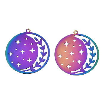 Ion Plating(IP) 201 Stainless Steel Filigree Pendants, Etched Metal Embellishments, Flat Round with Star, Rainbow Color, 32.5x30x0.3mm, Hole: 1.6mm