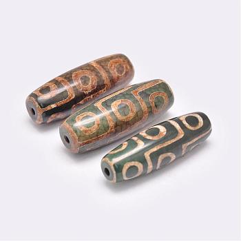 Tibetan Style 9-Eye dZi Beads, Natural Agate Beads, Dyed & Heated, Rice, Dark Olive Green, 39~40x13~14mm, Hole: 2.5~3mm