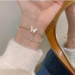 Alloy Pave Clear Cubic Zirconia 2-Strand Open Cuff Bangles for Women, with Plastic Pearl Chain & Resin Butterfly, White, Golden, Inner Diameter: 2.01 inch(5.1cm)(AL-CBA3C8B-14G)