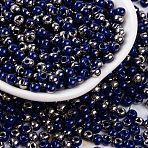 Glass Seed Beads, Inside Colours, Half Silver Plated, Round, Dark Blue, 4x3mm, Hole: 1.2mm, 6428pcs/pound(SEED-A032-06L)