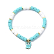 Polymer Clay Column Beaded Stretch Bracelets, with Alloy Owl Charms, Medium Turquoise, Inner Diameter: 2-1/4 inch(5.7cm)(BJEW-JB09782-05)