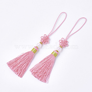 Polyester Tassel Big Pendant Decorations, with Jade Bead, Chinese Knot, Pink, 70~76x14~18mm(FIND-S297-14)