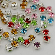 Sew on Rhinestone, Grade A Glass Rhinestone, with Brass Prong Settings, Garments Accessories, Silver Color Plated Metal Color, Mixed Color, 3~3.2x3~3.2mm, Hole: 1mm, about 1440pcs/bag(RB-J179-SS12-M)
