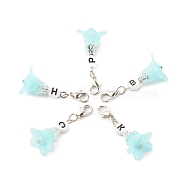 Frosted Flower Transparent Acrylic Pendant Decoration, with Natural & Dyed Malaysia Jade Beads and Random Mixed Letters Acrylic Beads, Zinc Alloy Lobster Claw Clasps and Iron Findings, Pale Turquoise, 41mm(HJEW-JM00628-02)