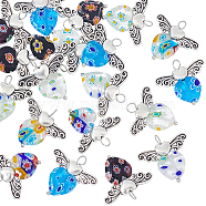 Elite Handmade Millefiori Lampwork Pendants, with Tibetan Style Alloy Beads, Heart with Wing, Mixed Color, 22x23.5x3.5mm, Hole: 3.8mm, 20pcs/box(FIND-PH0008-12)