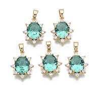 Brass Micro Pave Cubic Zirconia Pendants, with Glass and Brass Snap on Bails, Nickel Free, Real 18k Gold Plated, Oval, Medium Sea Green, 17x13x4.5mm, Hole: 2x4mm(X-KK-R134-094B-NF)