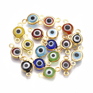 Handmade Evil Eye Lampwork Links connectors, with 304 Stainless Steel Findings, Flat Round, Golden, 12.5x7x2.5mm, Hole: 1.5mm(X-STAS-T041-02G)