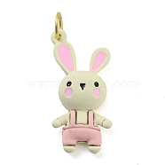 Rabbit Rack Plating Brass Enamel Pendants, with Jump Ring, Long-Lasting Plated, Cadmium Free & Lead Free, Real 18K Gold Plated, Pearl Pink, 23x11x4mm, Hole: 3.8mm(KK-Q804-18G)
