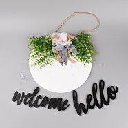 Pinewood Hanging Plate, with Hemp Cord & Plastic Imitation Plant, Plastic Adhesive Hooks, flat round with Word Welcome & Hello, Mixed Color, 59~498x59~340x4.5~30mm, 4pcs/set(EL-TAC0001-01)