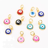 Brass Enamel Charms, Real 18K Gold Plated, Long-Lasting Plated, with Jump Ring, Flat Round with Evil Eye, Mixed Color, 11x8x3mm, Hole: 3.4mm, Jump Ring:  5x0.8mm(ZIRC-J025-71G-A)