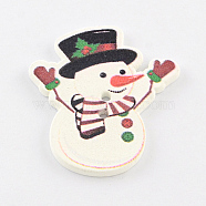Holiday Buttons, 2-Hole Christmas Snowman Printed Wooden Sewing Buttons, Snow, 35x31x2mm, Hole: 2mm(BUTT-Q034-10)