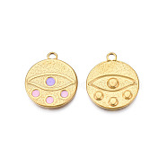 304 Stainless Steel Enamel Pendants, Real 18K Gold Plated, Flat Round with Eye, Lilac, 21x18x1.5mm, Hole: 1mm(STAS-N092-143B)