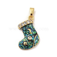 Christmas Brass Micro Pave Cubic Zirconia Pendant, with Synthetic Opal, Christmas Stocking, Prussian Blue, 19x16.5x4.5mm, Hole: 5x3mm(KK-H468-02C-03G)