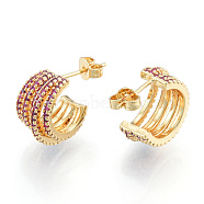 Cubic Zirconia Multi Circle Stud Earrings, Real 18K Gold Plated Brass Half Hoop Earrings for Women, Nickel Free, Camellia, 18.5x15x9mm, Pin: 0.8mm(EJEW-N011-110B)