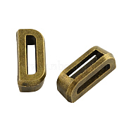 Tibetan Style Alloy Letter Slide Charms, Cadmium Free & Nickel Free & Lead Free, Letter.D, 11x2~8x4mm, Hole: 7x2mm(X-TIBEB-Q055-04AB-NR)