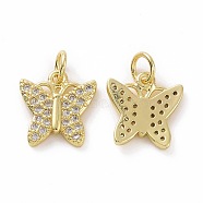 Brass Micro Pave Cubic Zirconia Pendants, Real 18K Gold Plated, with Jump Ring, Butterfly Charms, Clear, 12x12x2mm, Jump Ring: 5x0.8mm, Inner Diameter: 3.2mm(KK-E068-VF055)