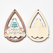 Single Face Christmas Printed Wood Big Pendants, Teardrop Charms with Christmas Tree, Colorful, 54x34.5x2.5mm, Hole: 1.8mm(WOOD-D025-33)