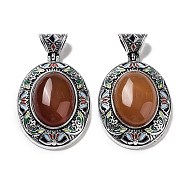 Natural Carnelian Pendants, Antique Silver Tone Alloy Enamel Oval Charms, 45x32x12.5mm, Hole: 6.3x5mm(FIND-A041-01AS-04)