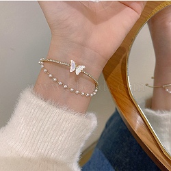 Alloy Pave Clear Cubic Zirconia 2-Strand Open Cuff Bangles for Women, with Plastic Pearl Chain & Resin Butterfly, White, Golden, Inner Diameter: 2.01 inch(5.1cm)(AL-CBA3C8B-14G)