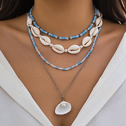 Natural Shell & Plastic Pearl & Glass Seed Beaded Pendant Multi Layered Necklaces for Women, White, Golden, 13.78~17.72 inch(35~45cm), Extender: 70mm(FS-WG726DA-11)