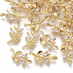 Brass Cubic Zirconia Pendants, Nickel Free, Leafy Branches, Clear, Real 18K Gold Plated, 17.5x9x3mm, Hole: 0.7mm(KK-T055-013G-NF)