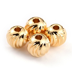 Brass Beads, Long-Lasting Plated, Corrugated Round, Real 24K Gold Plated, 8x7mm, Hole: 2mm(KK-O133-315G-G)
