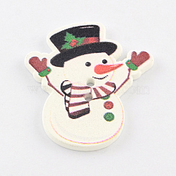 Holiday Buttons, 2-Hole Christmas Snowman Printed Wooden Sewing Buttons, Snow, 35x31x2mm, Hole: 2mm(BUTT-Q034-10)