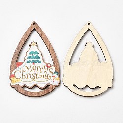 Single Face Christmas Printed Wood Big Pendants, Teardrop Charms with Christmas Tree, Colorful, 54x34.5x2.5mm, Hole: 1.8mm(WOOD-D025-33)