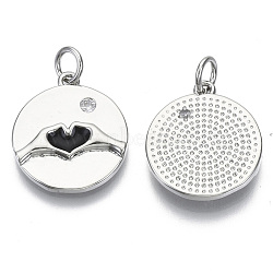 Brass Micro Pave Cubic Zirconia Pendants, with Enamel & Jump Rings, Nickel Free, Valentine's Day, Flat Round with Heart, Clear, Real Platinum Plated, Black, 18x16x2.5mm, Jump Ring: 5.5x0.8mm, inner diameter: 3mm.(KK-S061-34A-P-NF)