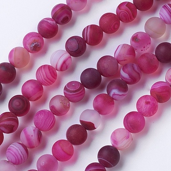 Natural Grade A Striped Agate/Banded Agate Beads Strands, Dyed & Heated, Frosted, Round, Medium Violet Red, 10mm, Hole: 1.2mm, about 47pcs/strand, 14.9 inch(38cm)