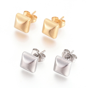 304 Stainless Steel Stud Earrings, Hypoallergenic Earrings, with Ear Nuts, Square, Mixed Color, 9.5x9.5x3.5mm, Pin: 0.6mm, 6pairs/card