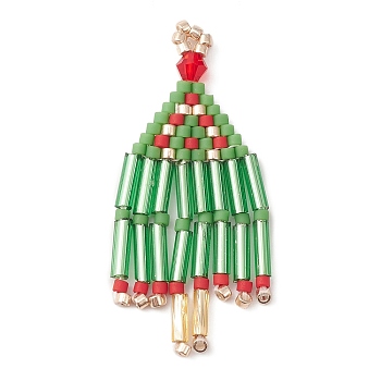 Handmade Seed Beads, Loom Pattern, Christmas Tree Tassel Pendant, Lime Green, 38x18x2mm, Hole: 1.8mm