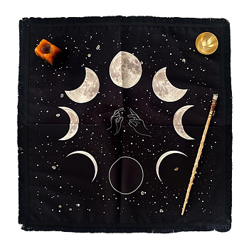 Velvet Altar Mats, Starry Sky & Moon Phase Tablecloth, Tarot Card Cloth, Square, Black, 600x600mm