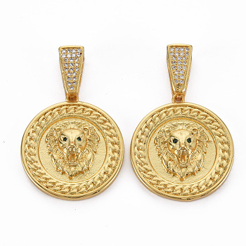 Brass Micro Pave Cubic Zirconia Pendants, Nickel Free, Flat Round with Lion, Real 16K Gold Plated, 26.5x24x6mm, Hole: 3x10mm