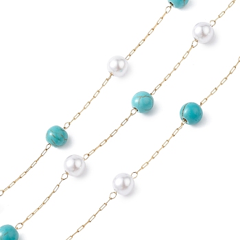 304 Stainless Steel Synthetic Turquoise Bead Link Chains with Glass, Unwelded, with Spool, Golden, White, 2.5x0.8x0.2mm