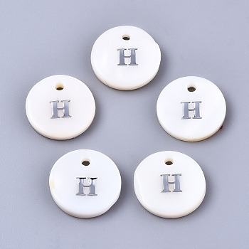 Natural Freshwater Shell Pendants, with Platinum Plated Iron Etched Metal Embellishments, Flat Round with Initial Letter, White, Letter.H, 11x2mm, Hole: 1.5mm