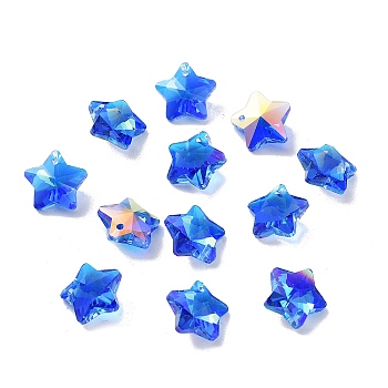 Glass Charms, Faceted Star, Blue, 13x13.5x7mm, Hole: 1.2mm