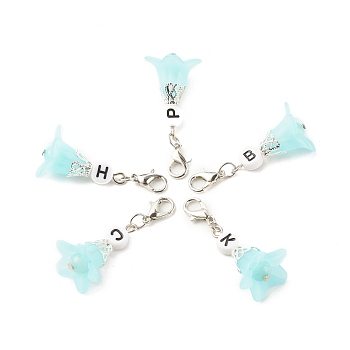 Frosted Flower Transparent Acrylic Pendant Decoration, with Natural & Dyed Malaysia Jade Beads and Random Mixed Letters Acrylic Beads, Zinc Alloy Lobster Claw Clasps and Iron Findings, Pale Turquoise, 41mm