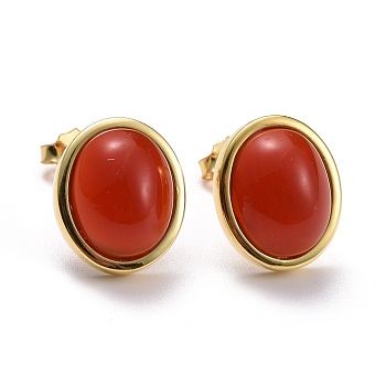 925 Sterling Silver Stud Earrings, Oval Red Agate Earrings for Women, Golden, 12x10mm, Pin: 0.7mm