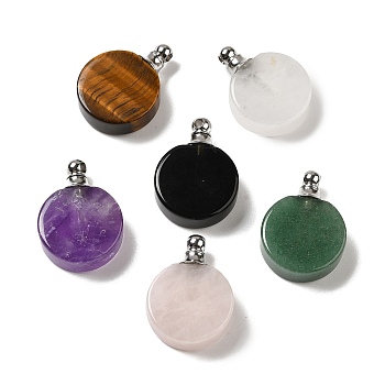 Natural Mixed Gemstone Perfume Bottle Pendants, Flat Round Charms with Stainless Steel Color Plated 304 Stainless Steel Findings, 27.5x20x7~7.5mm, Hole: 2mm