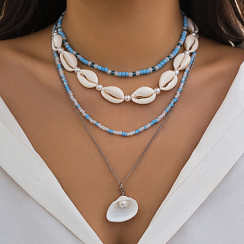 Natural Shell & Plastic Pearl & Glass Seed Beaded Pendant Multi Layered Necklaces for Women, White, Golden, 13.78~17.72 inch(35~45cm), Extender: 70mm