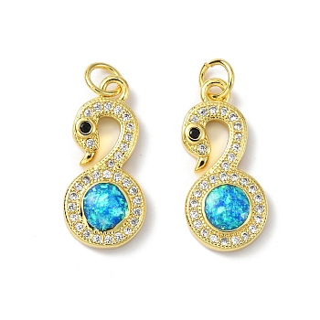 Brass Micro Pave Cubic Zirconia Pendants, with Synthetic Opal and Jump Ring, Swan, Real 18K Gold Plated, 21x10x3.5mm, Hole: 3.5mm