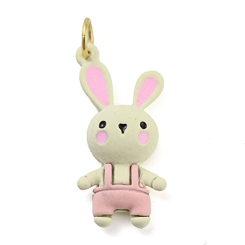 Rabbit Rack Plating Brass Enamel Pendants, with Jump Ring, Long-Lasting Plated, Cadmium Free & Lead Free, Real 18K Gold Plated, Pearl Pink, 23x11x4mm, Hole: 3.8mm