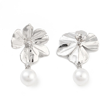 Flower 304 Stainless Steel Stud Earrings, ABS Plastic Imitation Pearl Dangle Earring for Women, Stainless Steel Color, 40.5x24mm