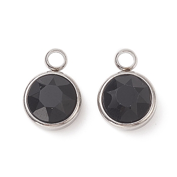 Faceted Glass Charms, with 304 Stainless Steel Findings, Flat Round Pendant, Black, 14x10x6.5mm, Hole: 2.5mm