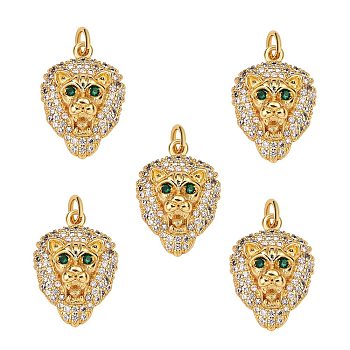 5Pcs Brass Micro Pave Clear & Green Cubic Zirconia Pendants, Nickel Free, Lion, Real 18K Gold Plated, 19x13.5x6mm, Hole: 3mm